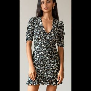 Veronica Beard Black Floral Mini Dress with Cream and Light Blue Flowers